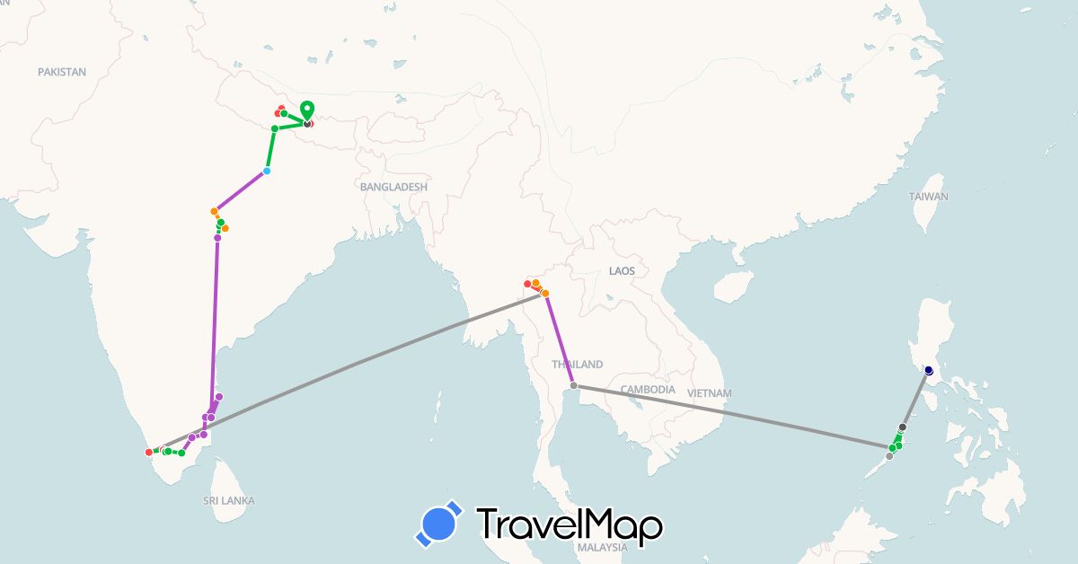 TravelMap itinerary: driving, bus, plane, train, hiking, boat, hitchhiking, motorbike in India, Nepal, Philippines, Thailand (Asia)